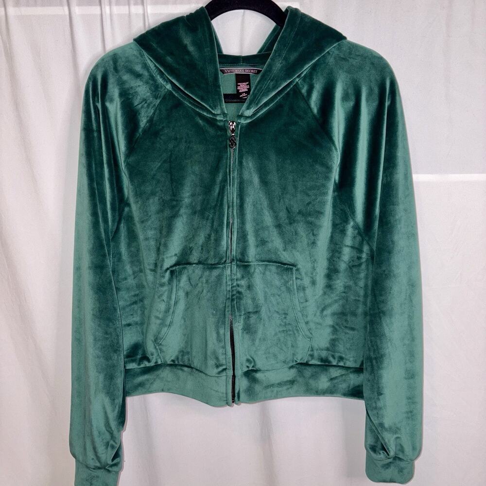 Victoria’s Secret Green Front Zip Velour Hoodie VS Embroidered Size Large EUC